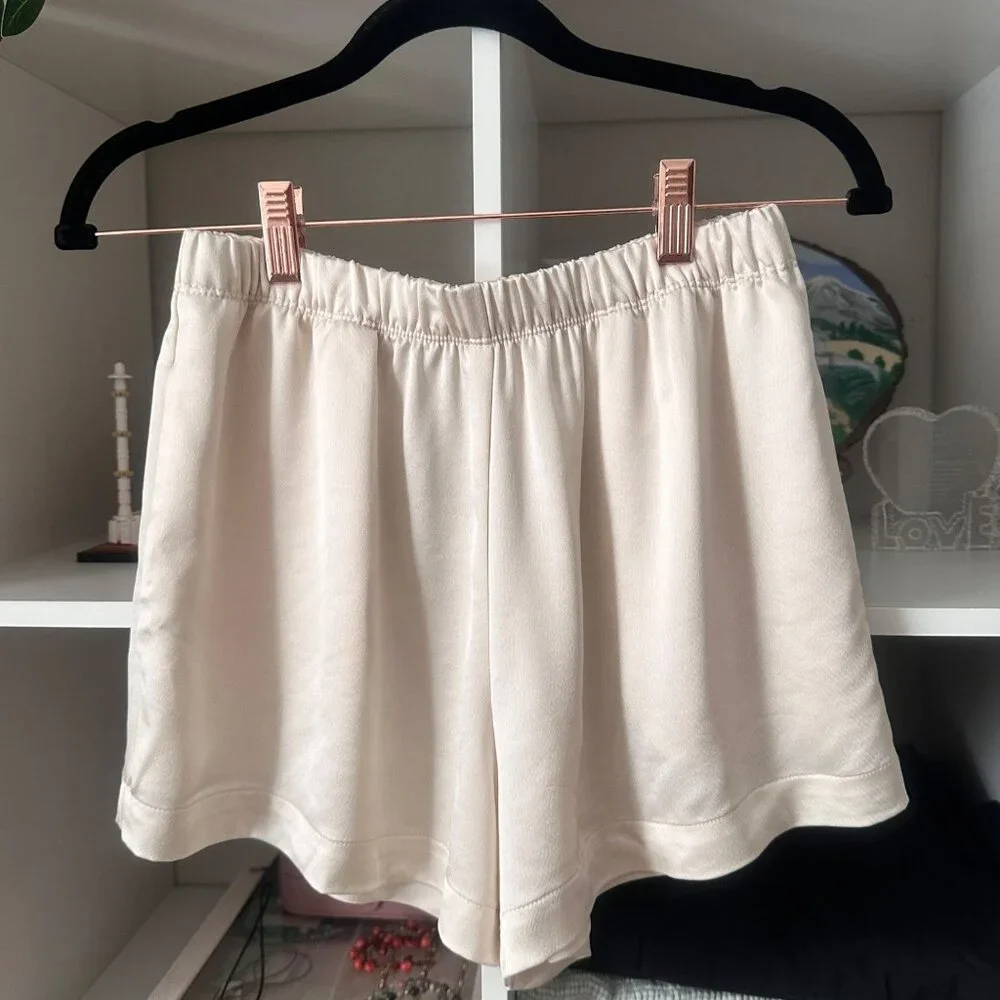 LESET Cream Satin Lounge Set Vest & Shorts XS Minimalist Luxe Sleepwear - Picture 4 of 8